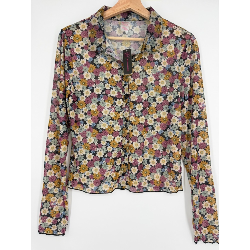 New No Boundaries Mesh Floral Button Front Long Sleeve Top XL
